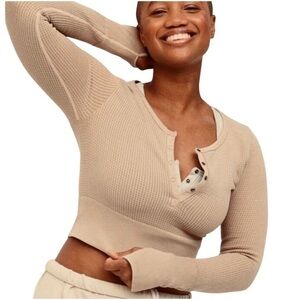 Aerie Waffle Knit Henley Cropped Long Sleeve Top | L | Neutral Tan
